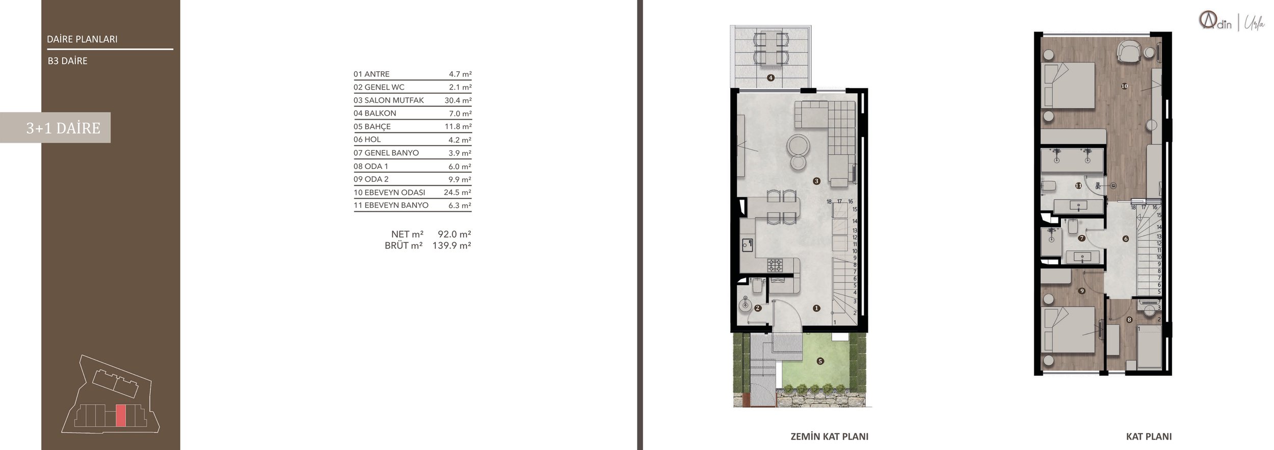 Urla Adin B3 3+1 daire planı