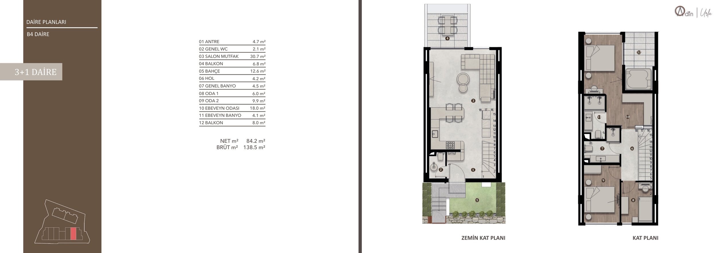 Urla Adin B4 3+1 daire planı