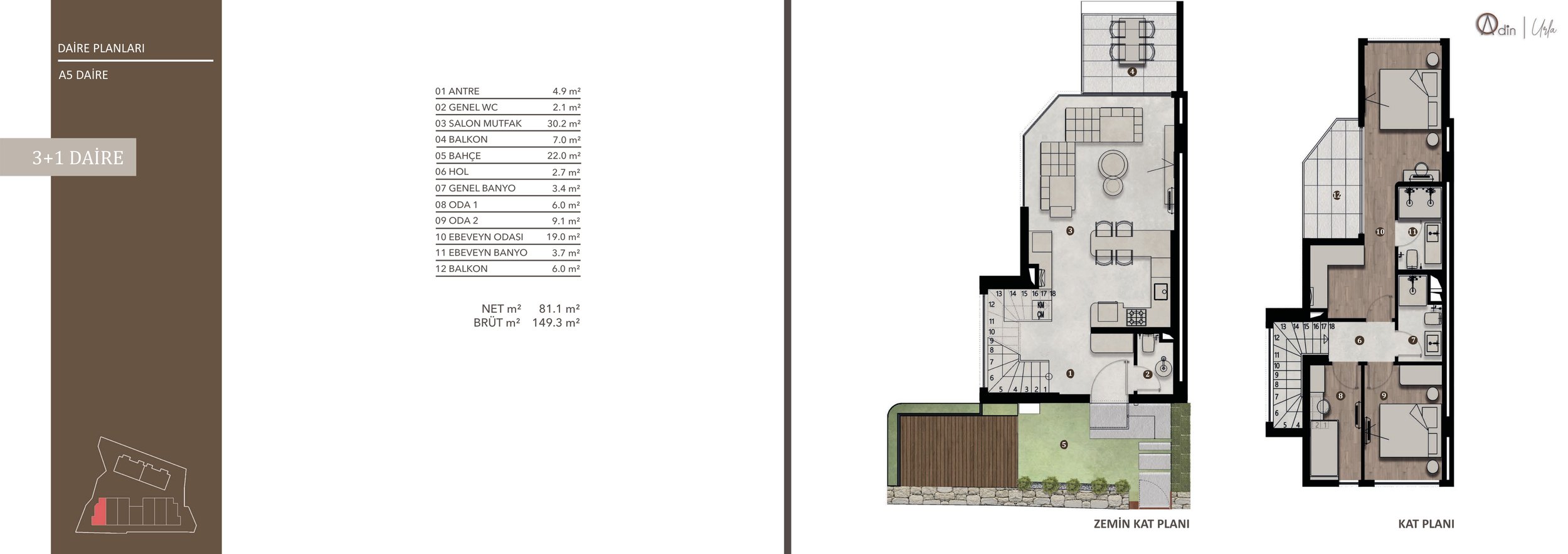 Urla Adin A5 3+1 daire planı